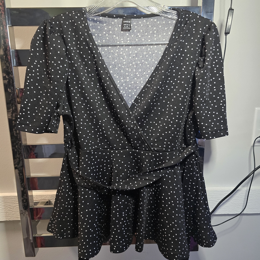 Shein Black & White Peplum Blouse with Tie